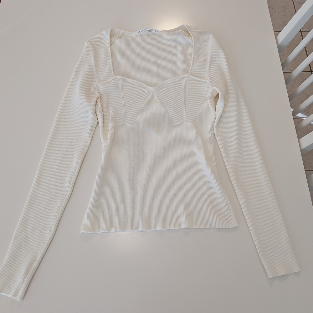 Veronica Beard Ivory Ribbed Sweetheart‎ Neck Long Sleeve Top Size M